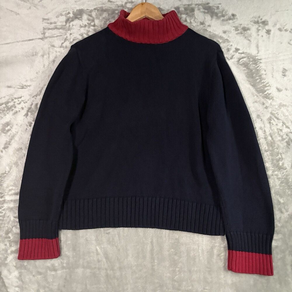 Tommy Hilfiger Chunky Knit Navy Red Sweater XL Mock Neck Cuffs Pullover Luxury